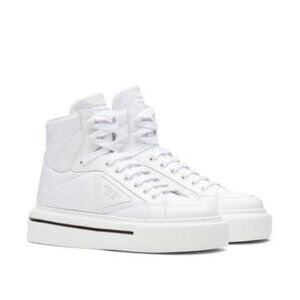 Prada Street Style Plain Leather Logo High Top Sneakers Shoes Sz: 39.5